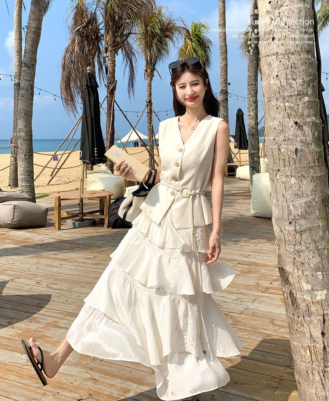 Two-Piece Tiered Ruffle Skirt With Button Vest Set