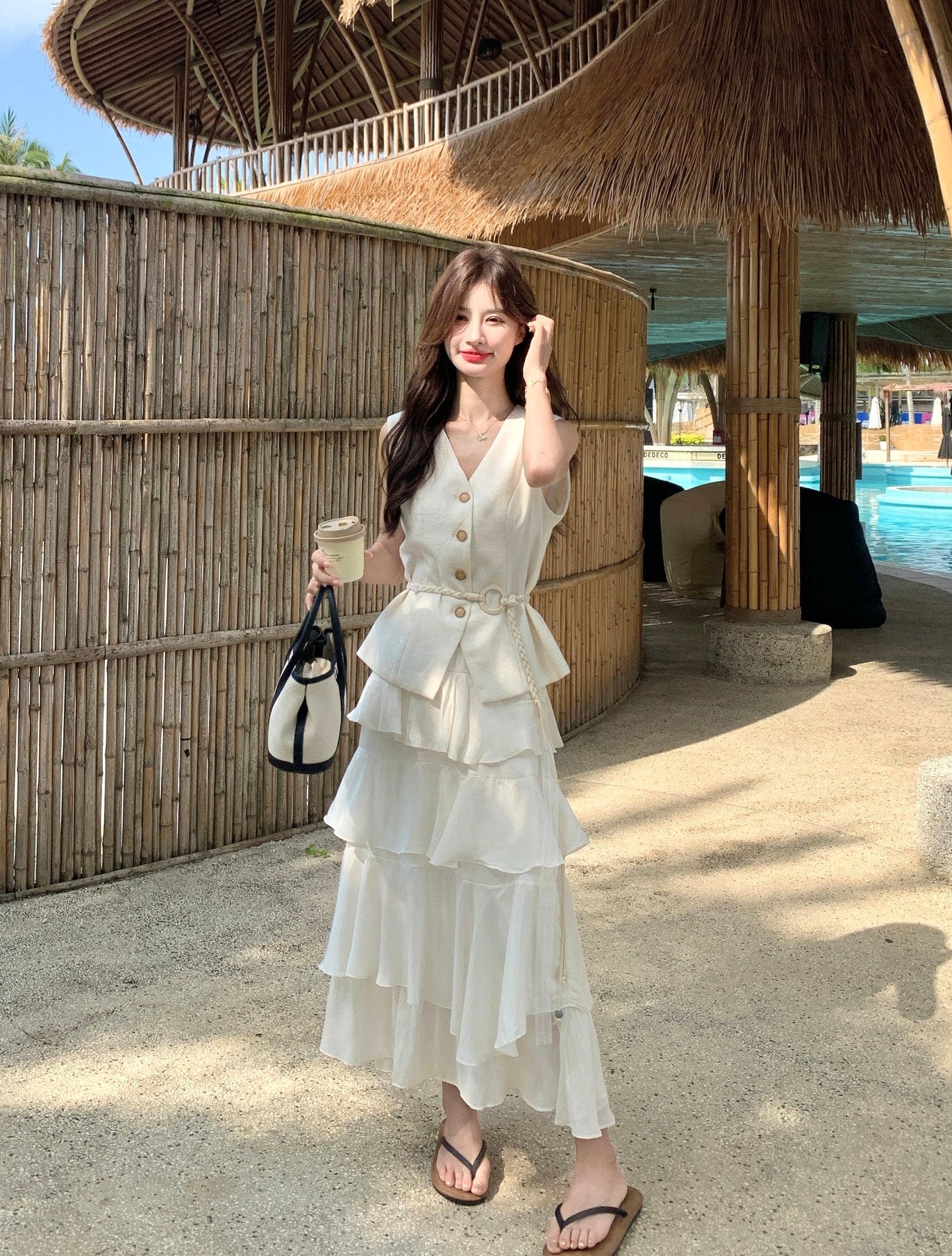 Two-Piece Tiered Ruffle Skirt With Button Vest Set
