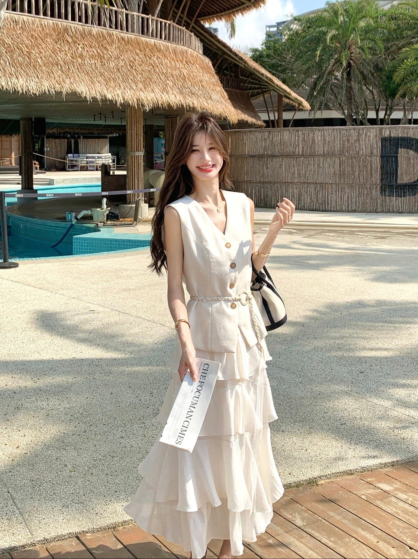 Two-Piece Tiered Ruffle Skirt With Button Vest Set