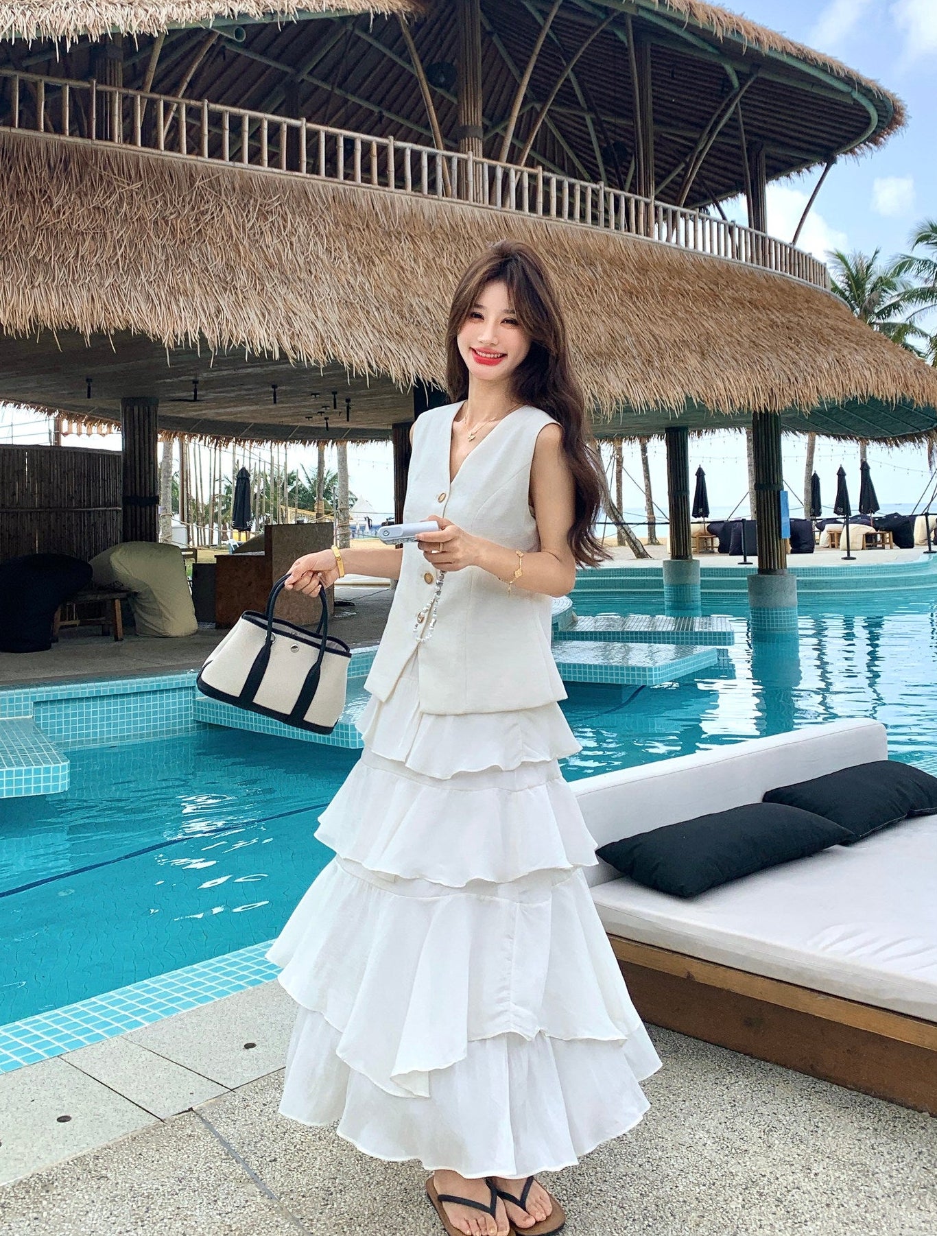 Two-Piece Tiered Ruffle Skirt With Button Vest Set