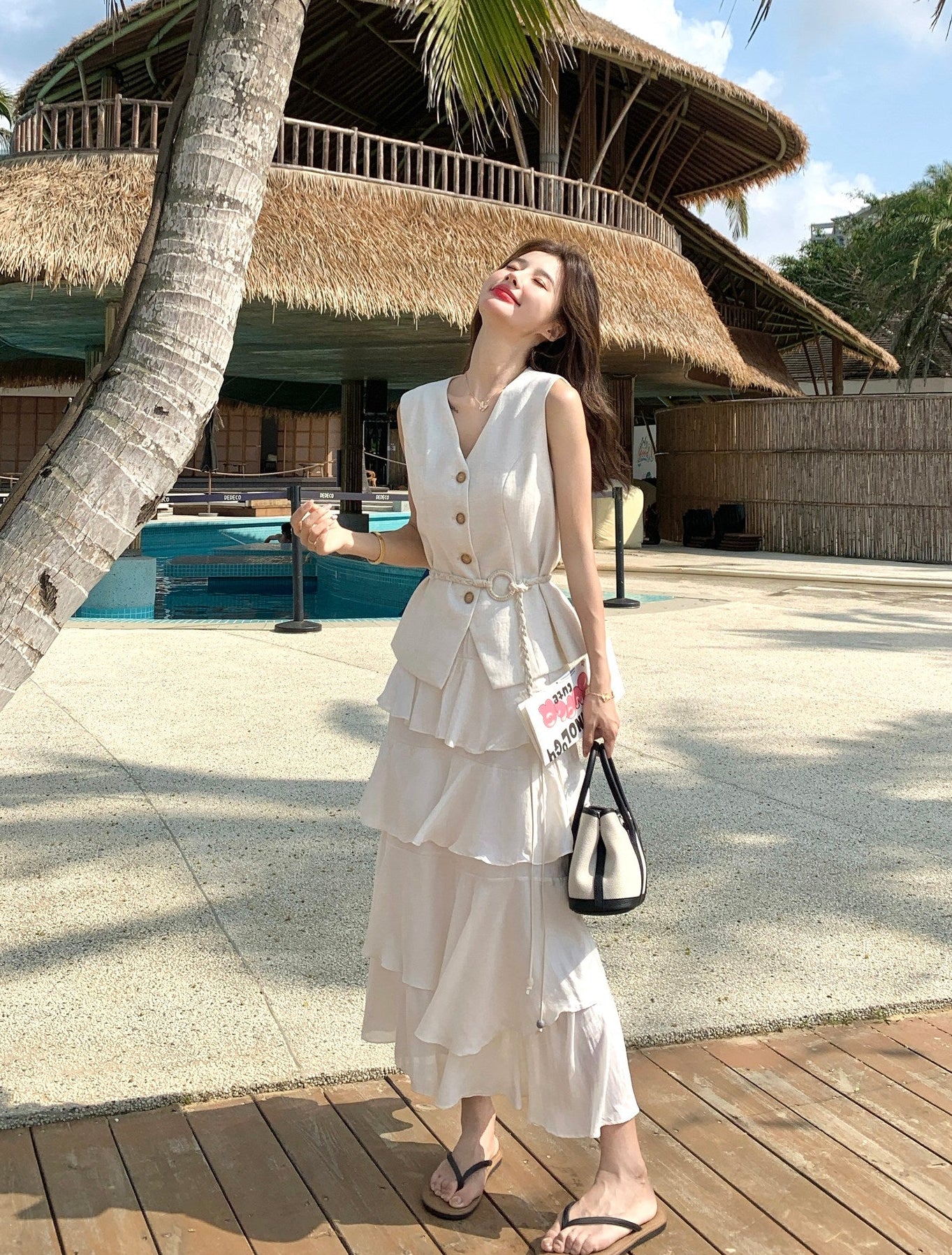 Two-Piece Tiered Ruffle Skirt With Button Vest Set