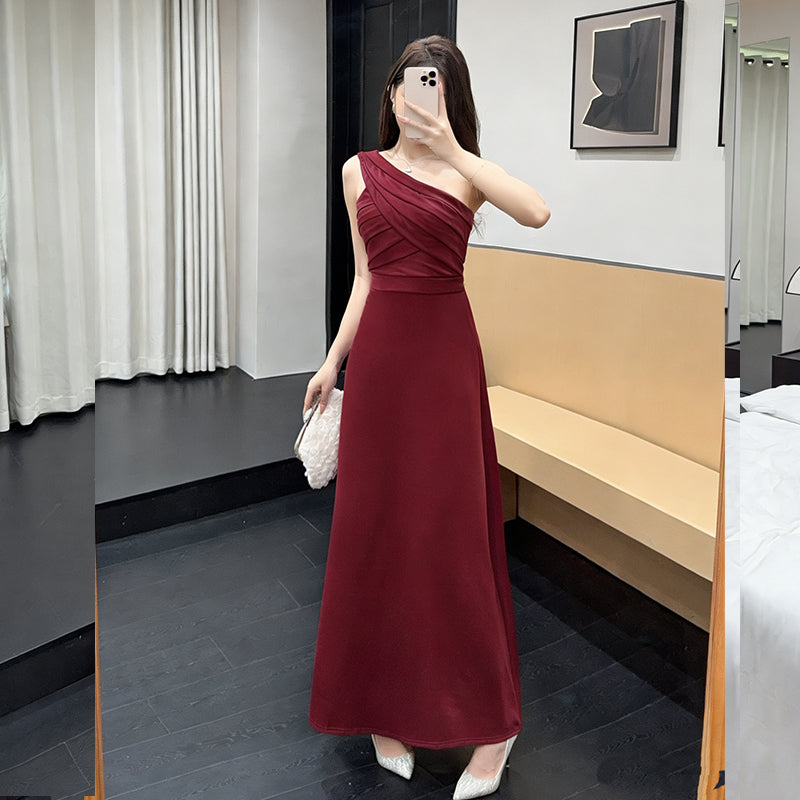 One-Shoulder Ruched Pleat Maxi Gown