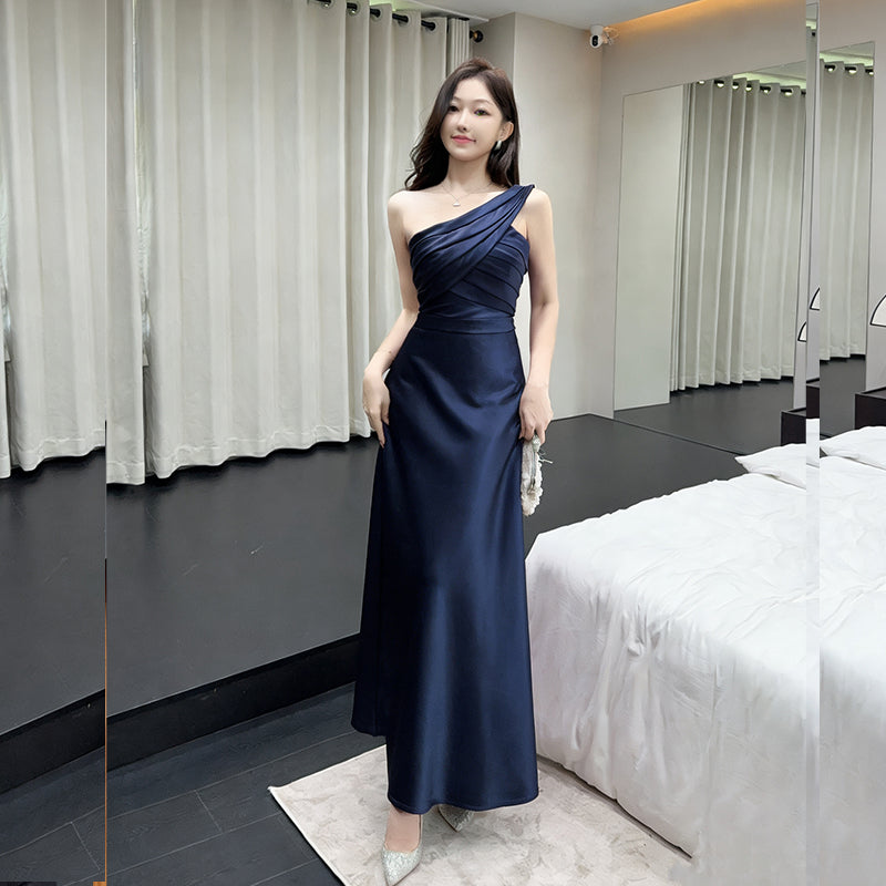One-Shoulder Ruched Pleat Maxi Gown