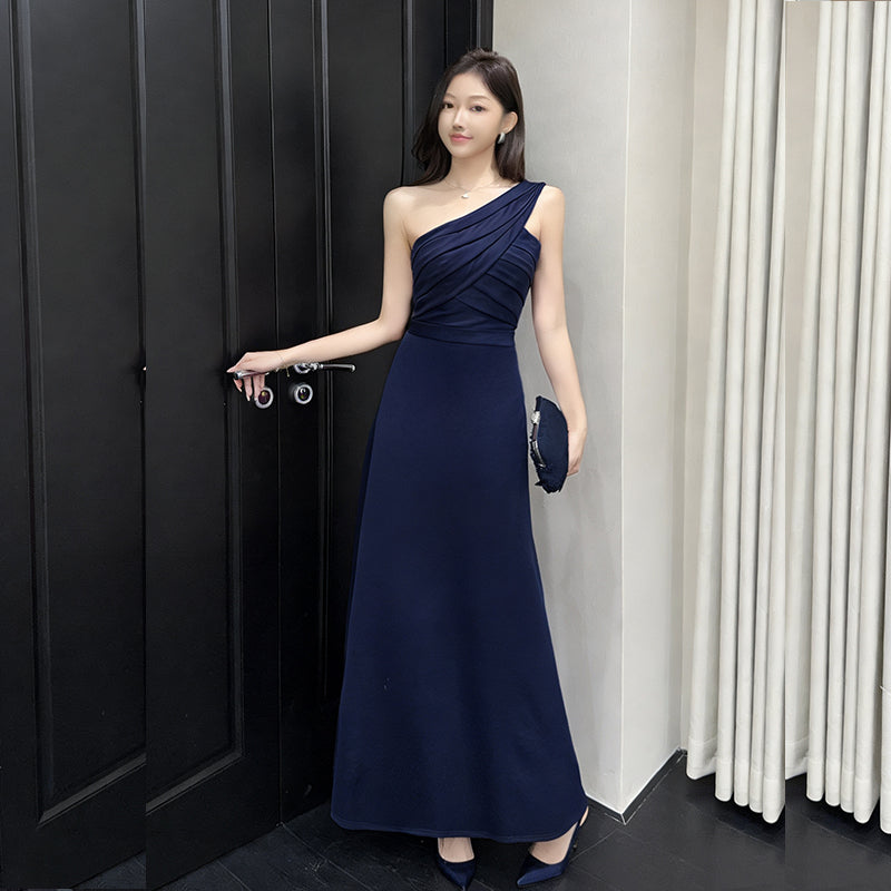 One-Shoulder Ruched Pleat Maxi Gown