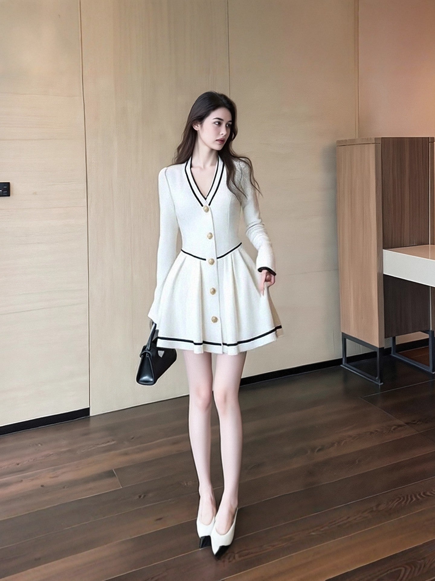 French Vintage V-Neck Knit Mini Dress With Gold Button Accents