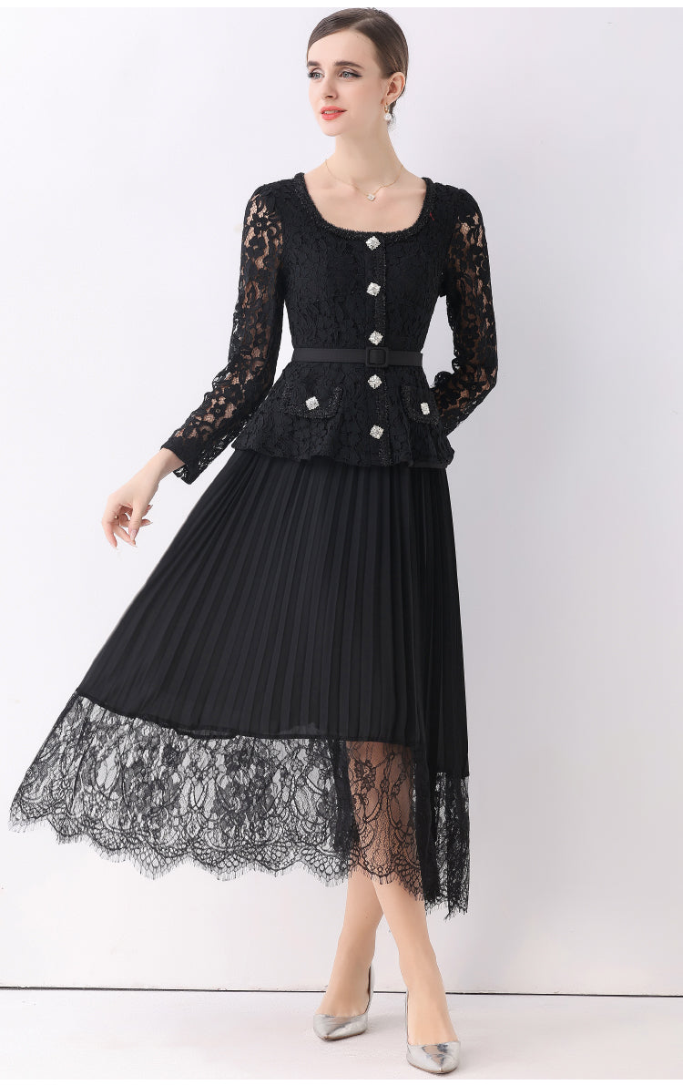 Midnight Lace Peplum Midi Fake-two Dress With Pleated Lace-Trim Skirt