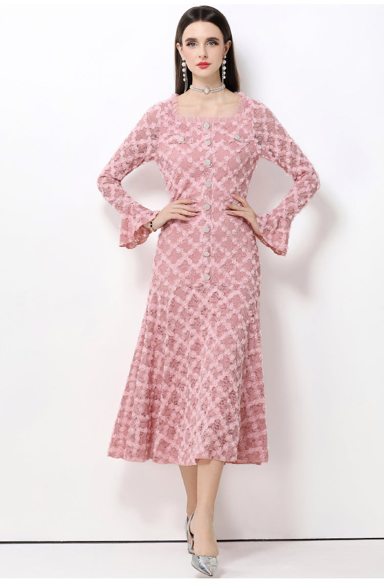 French-style light luxury-Inspired lace dress with heavy-duty 3D floral bell sleeves and a full skirt.