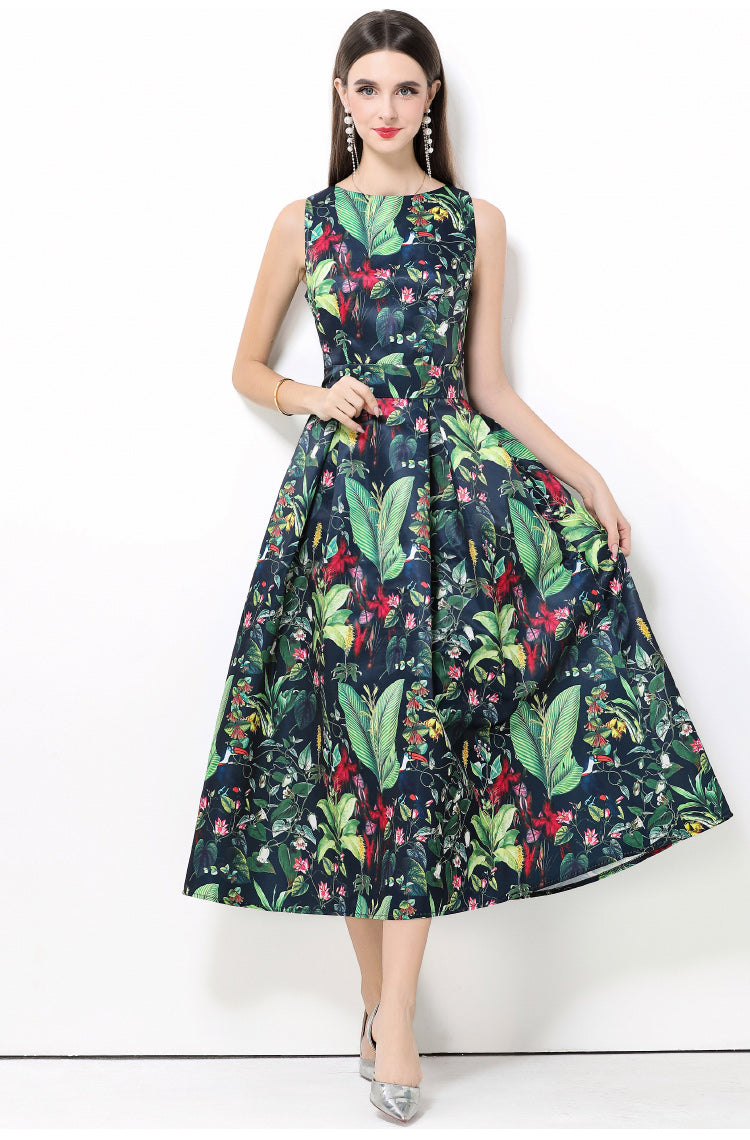 Botanical Print Jacquard A-Line Midi Dress