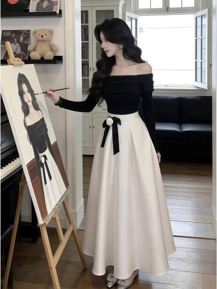 Elegant Black And White Off-Shoulder Maxi Dress