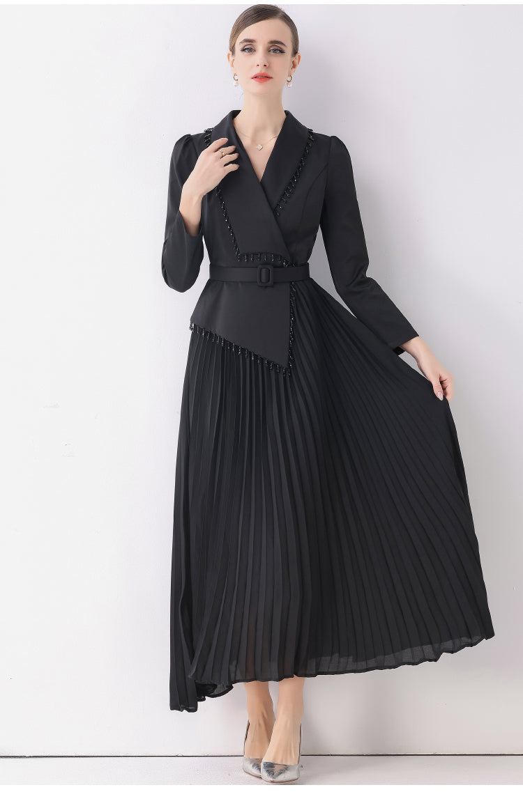 Black Floral Lace & Accordion Pleat Evening Dress