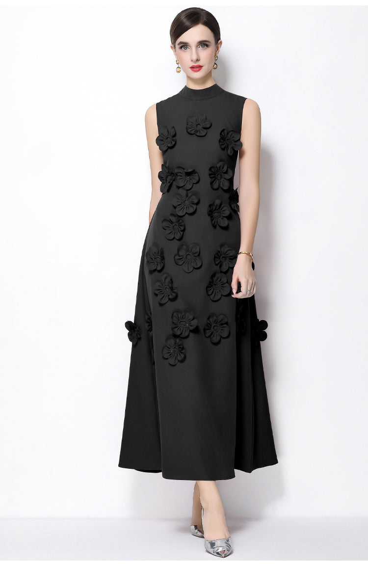 Petal-Encrusted Black Midi Dress-3D Floral Mock-Neck A-Line