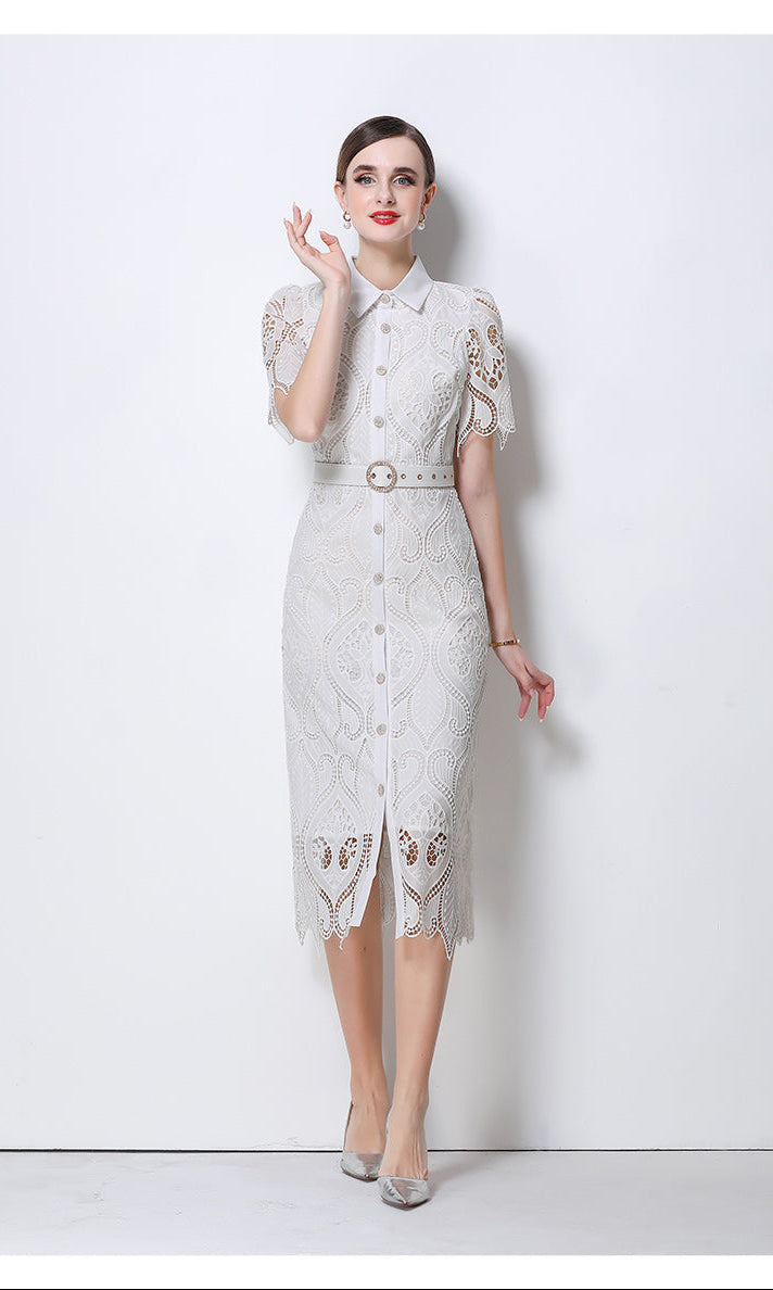 Aurelia Guipure Lace Midi Shirtdress With Belt
