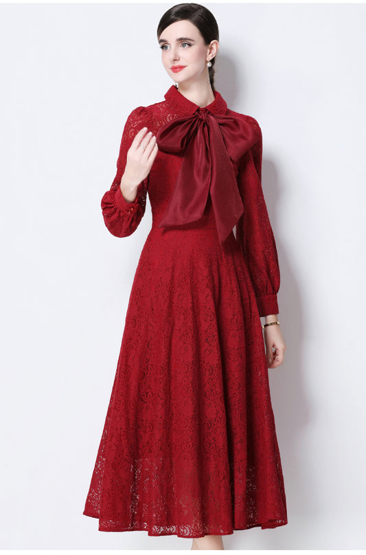 Maroon Floral Lace Midi Dress With Oversized Satin Bow