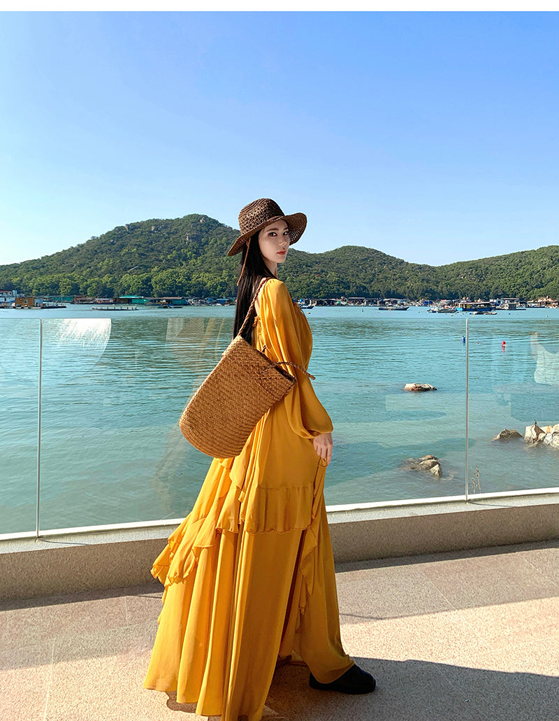 Wild Honey Yellow Boho-Chic Tiered- Long-Sleeve Maxi Dress