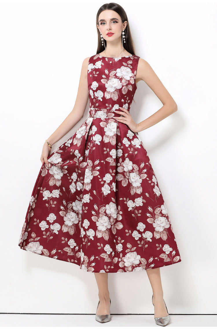 Burgundy Floral Sleeveless Midi Fit And Flare Dress