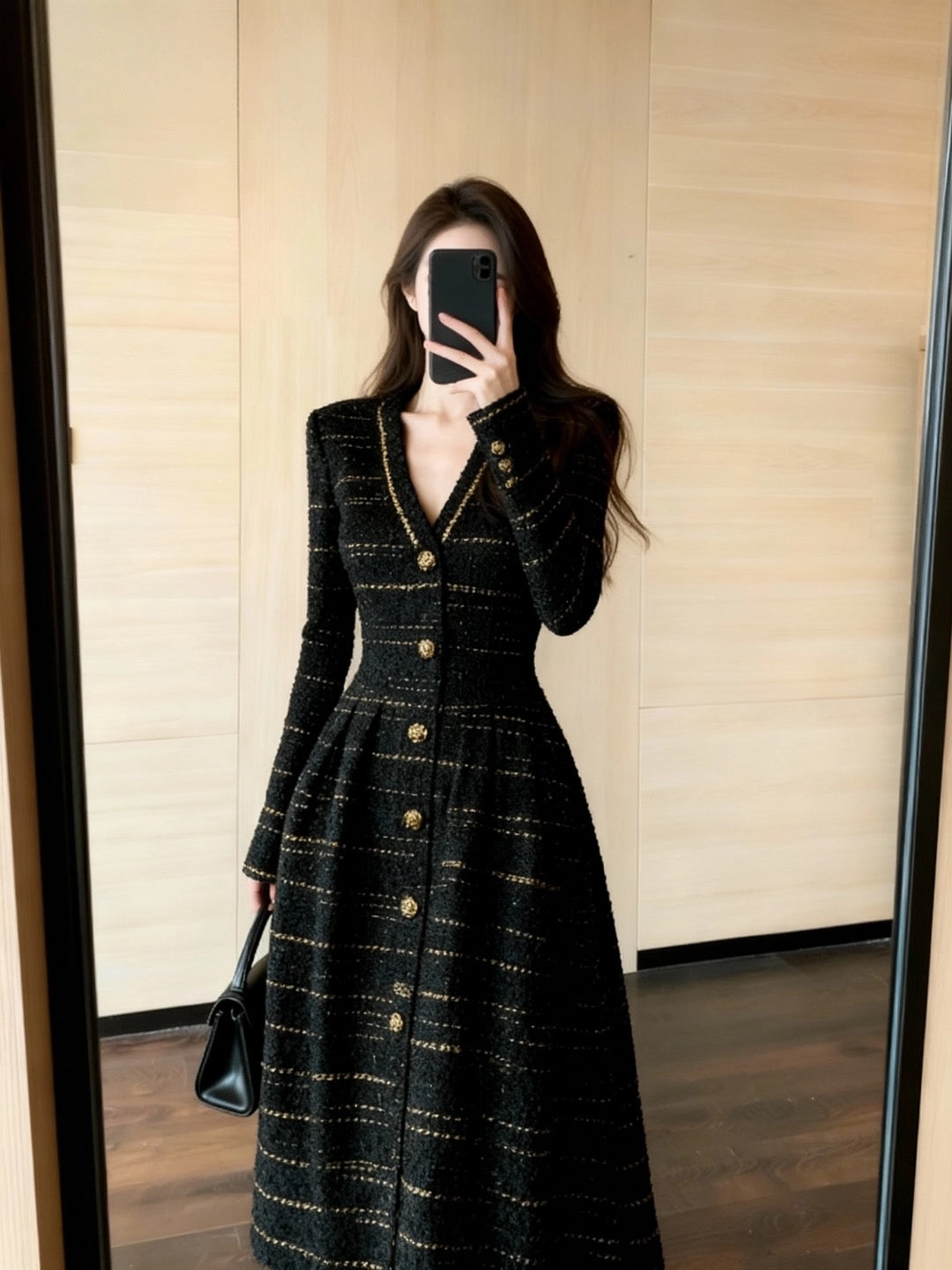 Elegant  Black Tweed Gold- Buttoned Midi Dress
