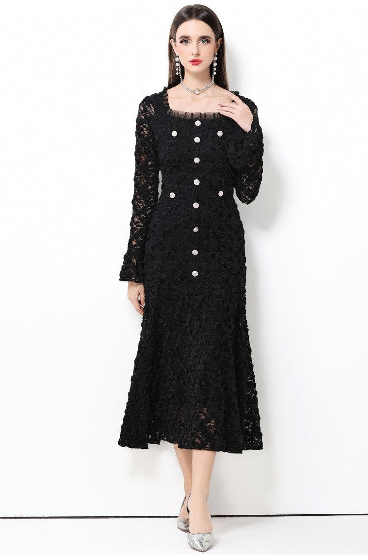 French-style light luxury-Inspired lace dress with heavy-duty 3D floral bell sleeves and a full skirt.