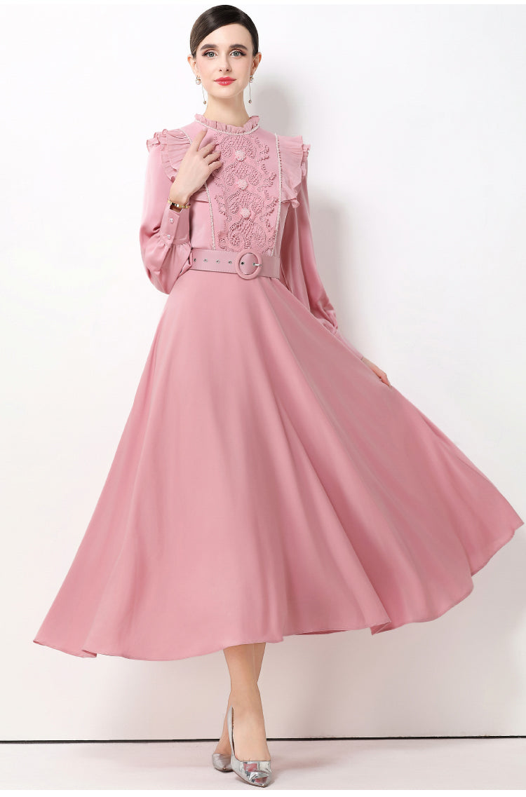 Enchanted Pink Orchid Belted A-line Gown-High Neck Victorian Style