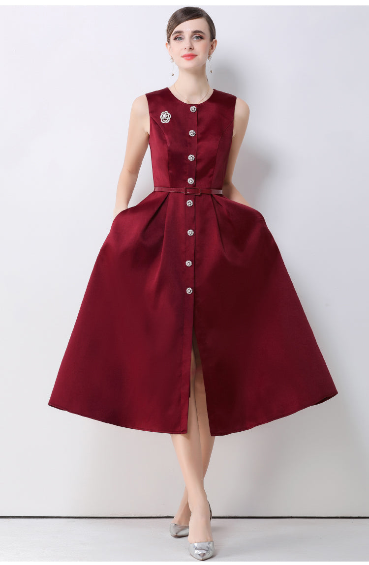 Elena Sleeveless Button-Down Flare Dress In Red