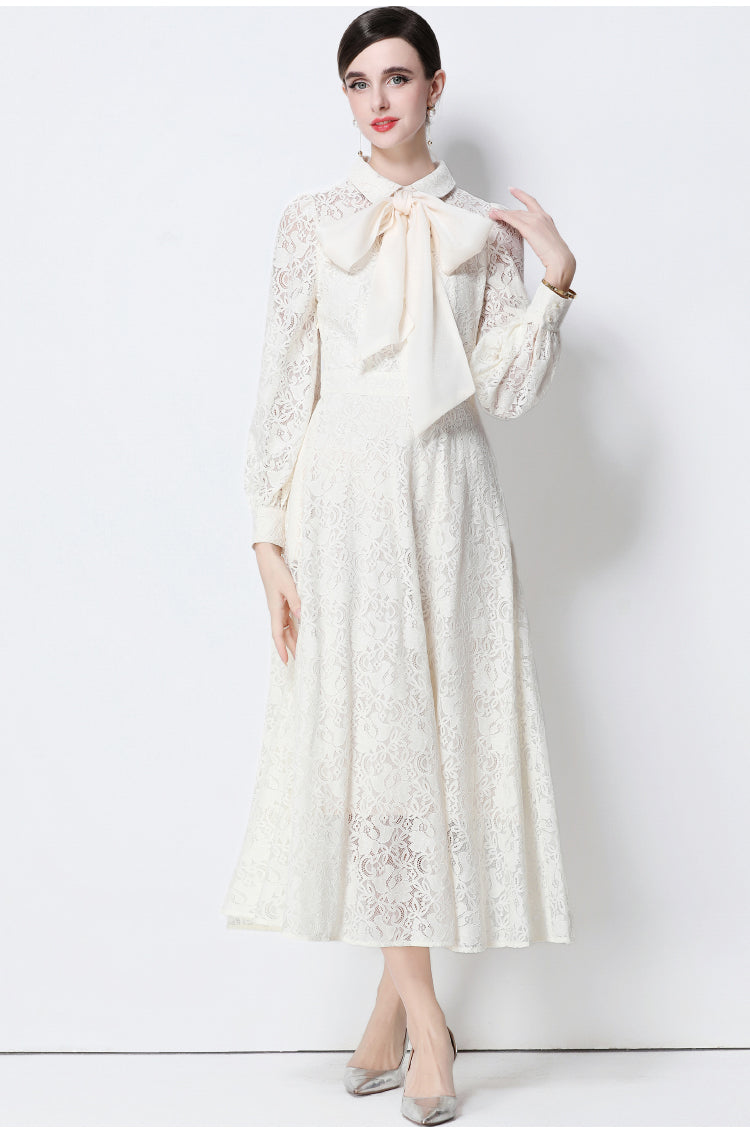 Vintage- Inspired Apricot Lace Dress With Chiffon Bow