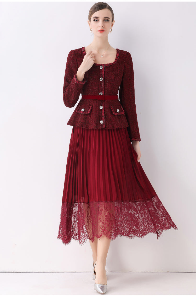 Claret Red Peplum Blazer Fake-two Pleated Lace Midi Set
