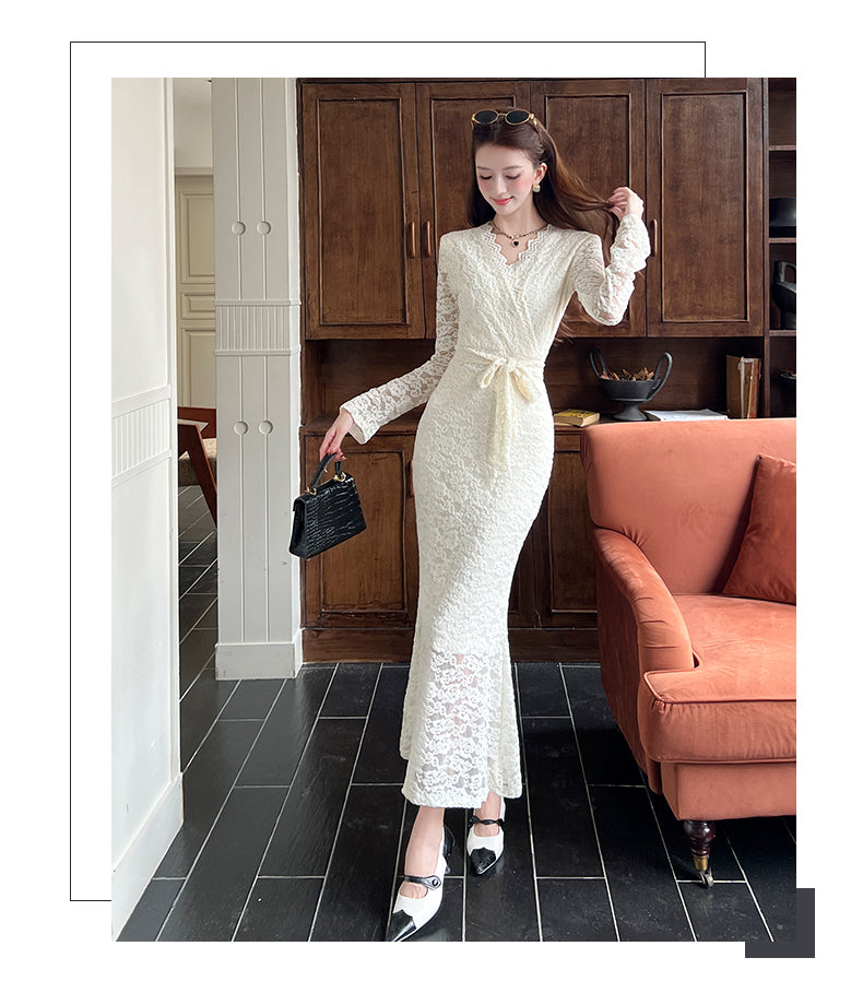 White Lace Scalloped V-Neck Floral Lace Mermaid Dress With Long Sleeves