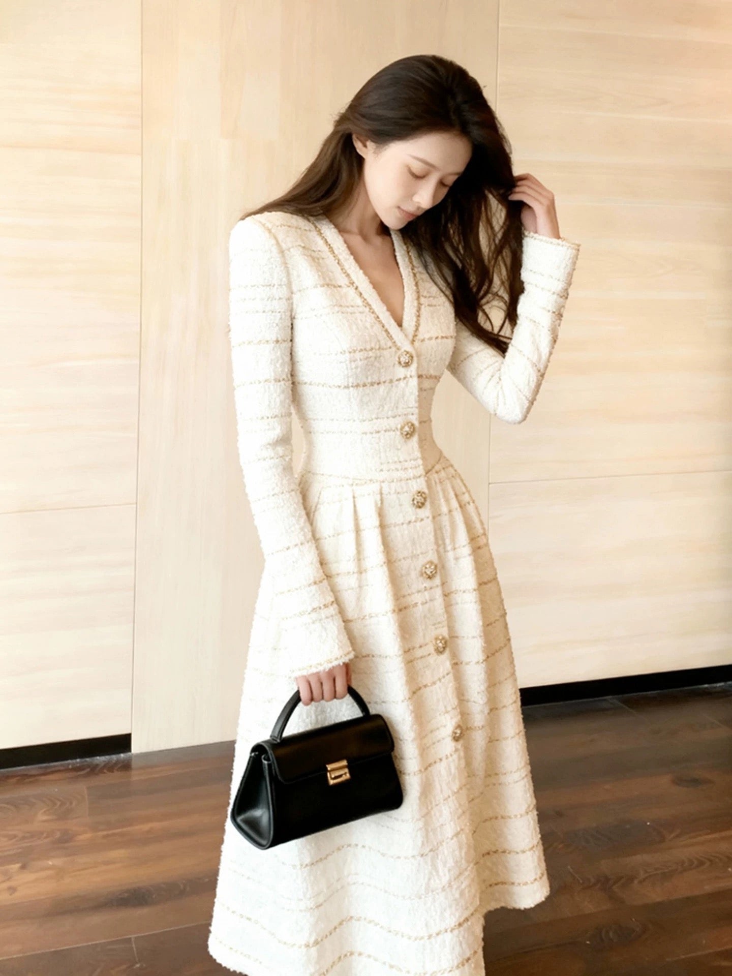 Elegent White Tweed Gold-Buttoned Midi Dress