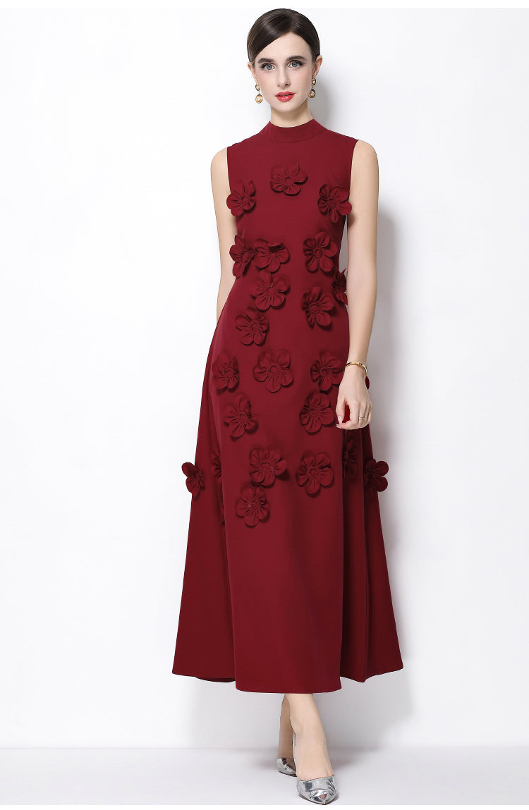 Petal-Encrusted Claret Midi Dress-3D Floral Mock-Neck A-Line