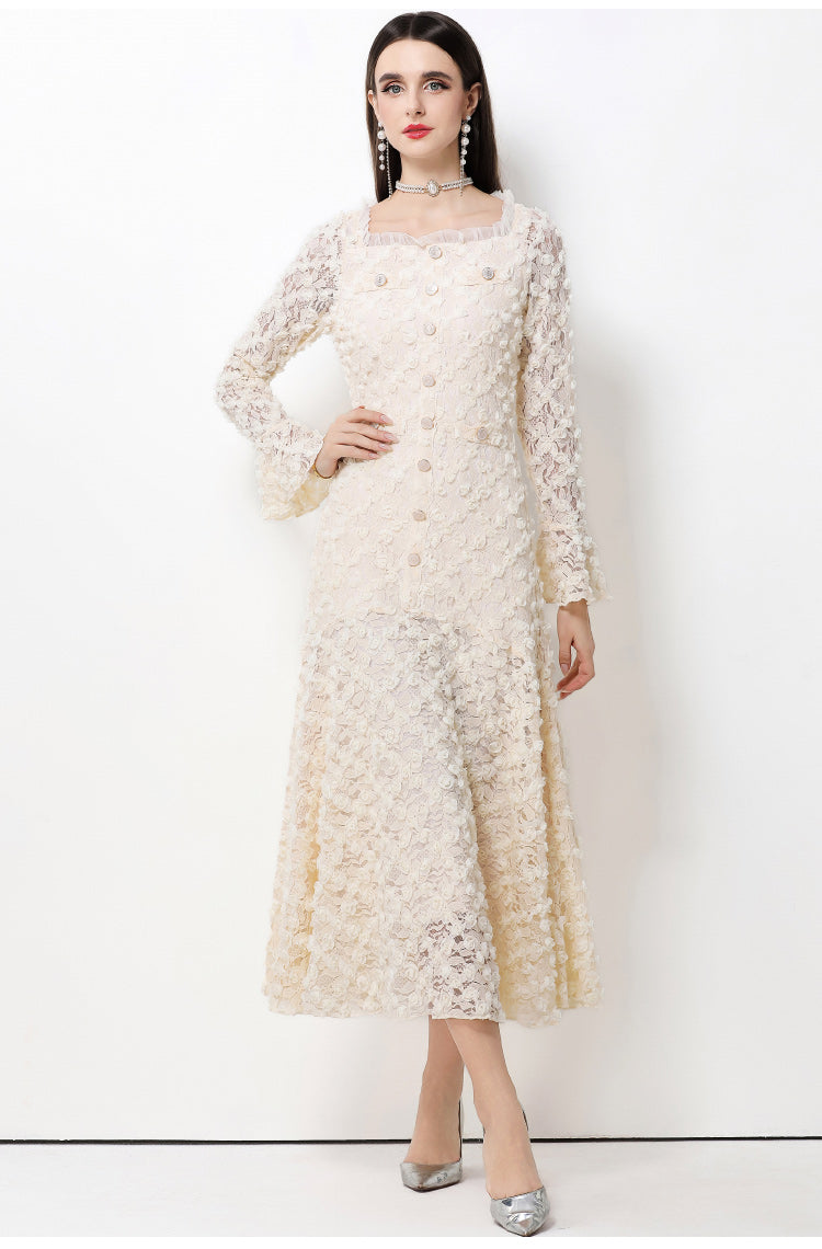 French-style light luxury-Inspired lace dress with heavy-duty 3D floral bell sleeves and a full skirt