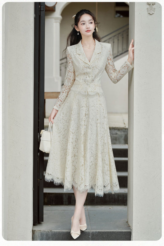 Victoria Lace Blazer & Eyelash Hem Midi Skirt Set