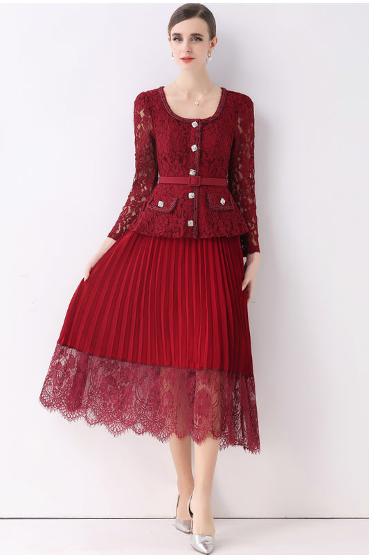 Maroon Lace Peplum Midi Fake-two Dress With Pleated Lace-Trim Skirt