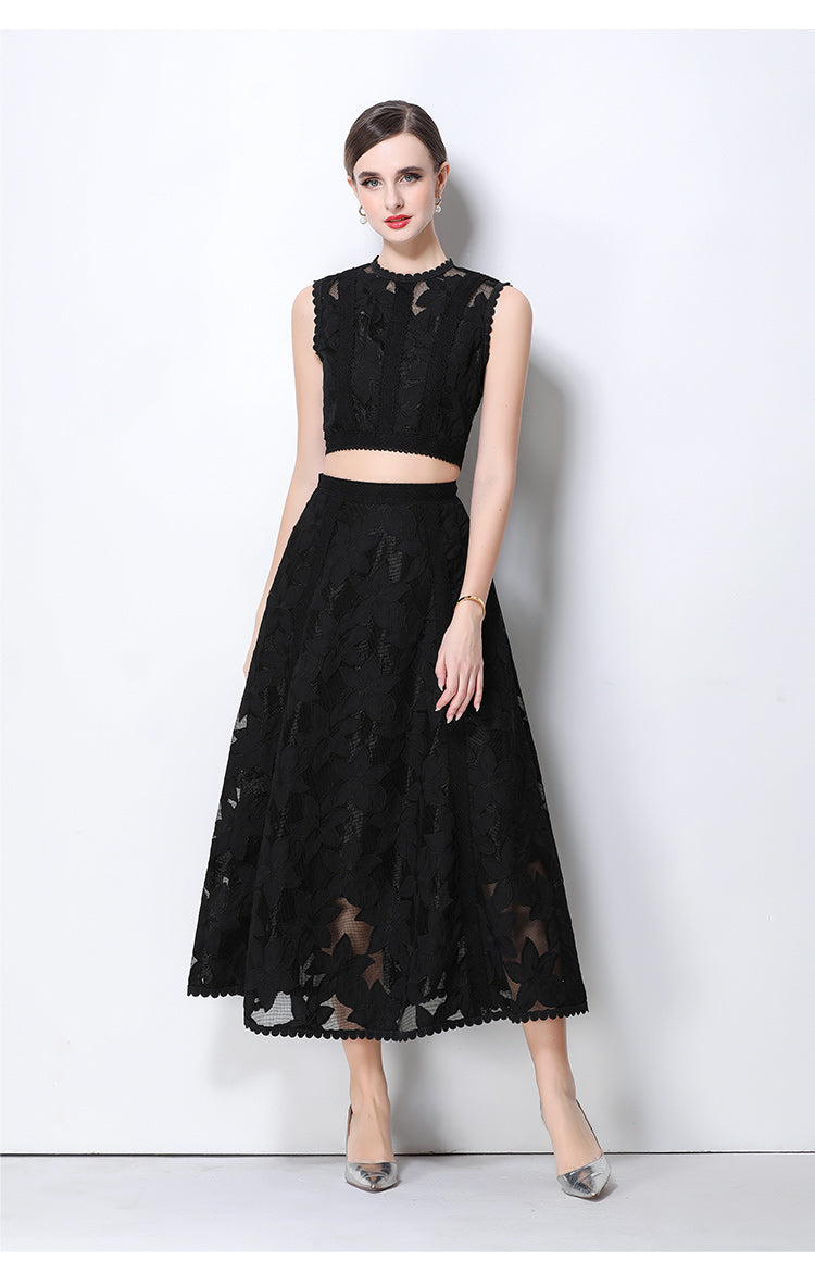 Court style round neck sleeveless short top with high-waisted embroidered hollow lace skirt
