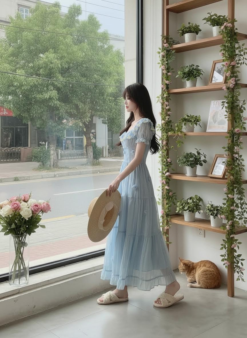 Serene Blue French Vintage Tiered Sundress