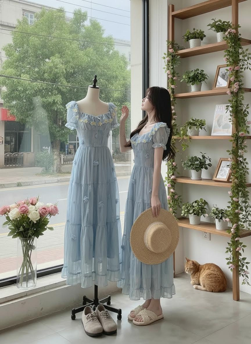 Serene Blue French Vintage Tiered Sundress