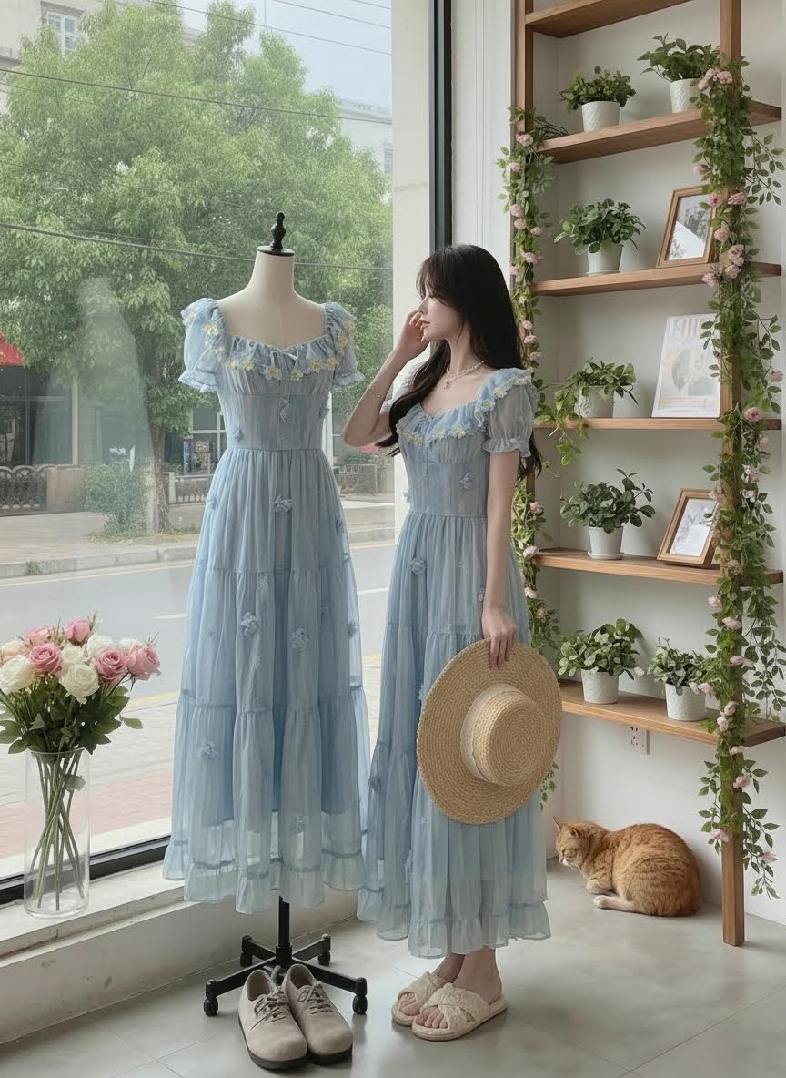 Serene Blue French Vintage Tiered Sundress