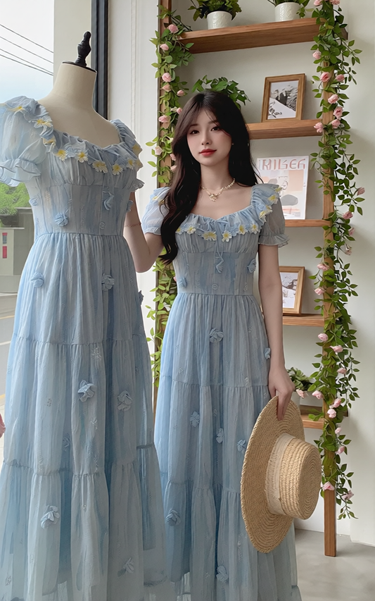 Serene Blue French Vintage Tiered Sundress