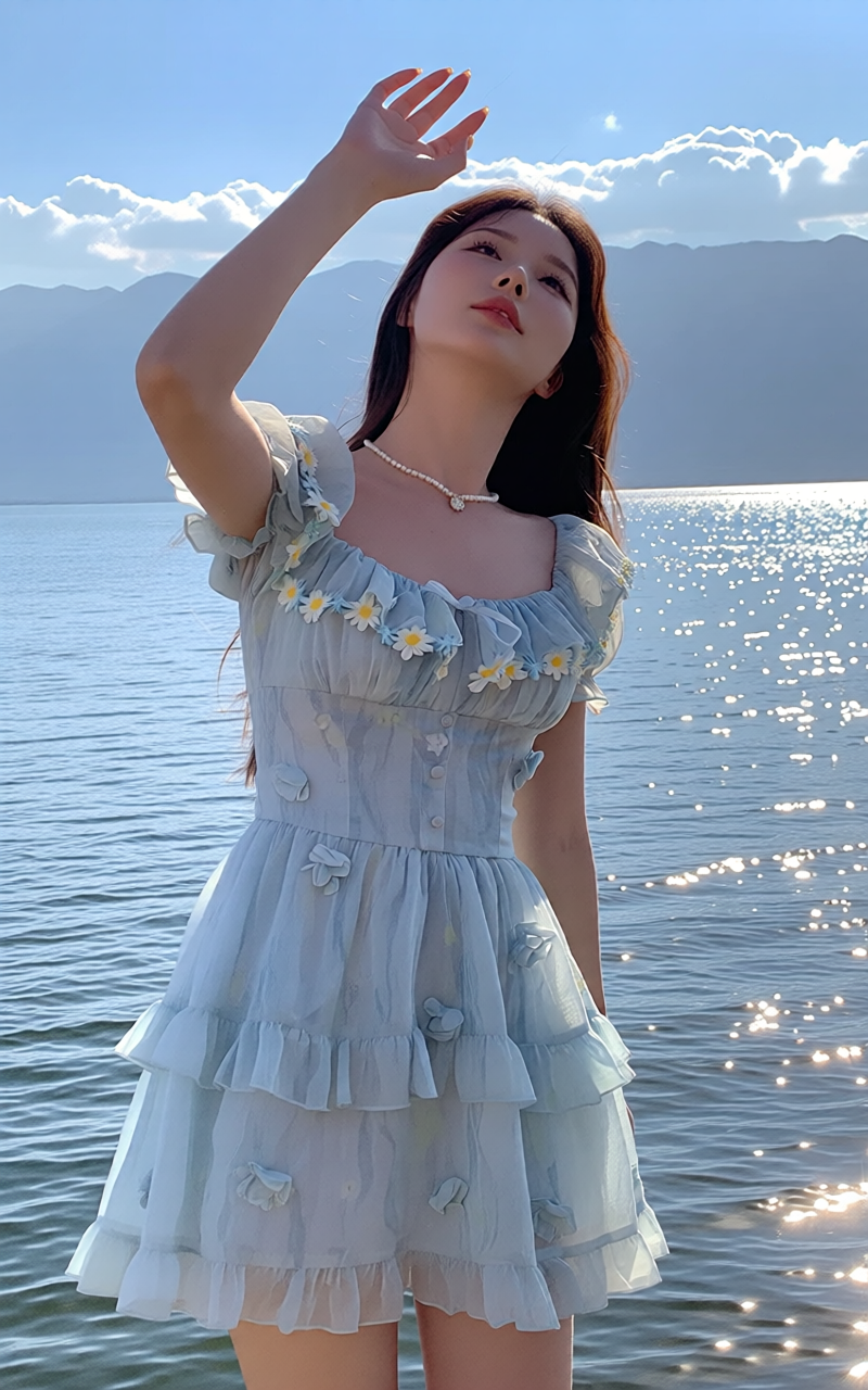 Serene Blue French Vintage Tiered Sundress
