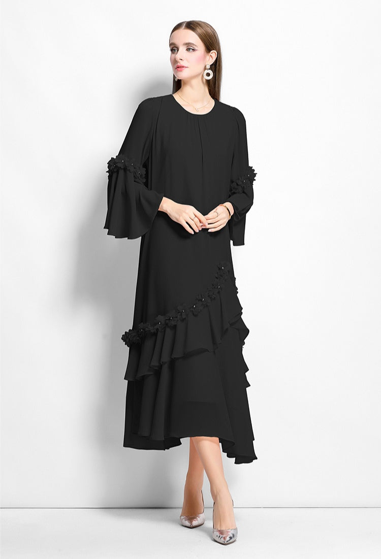 3D Floral Irregular Round Neck Loose Chiffon Long Dress