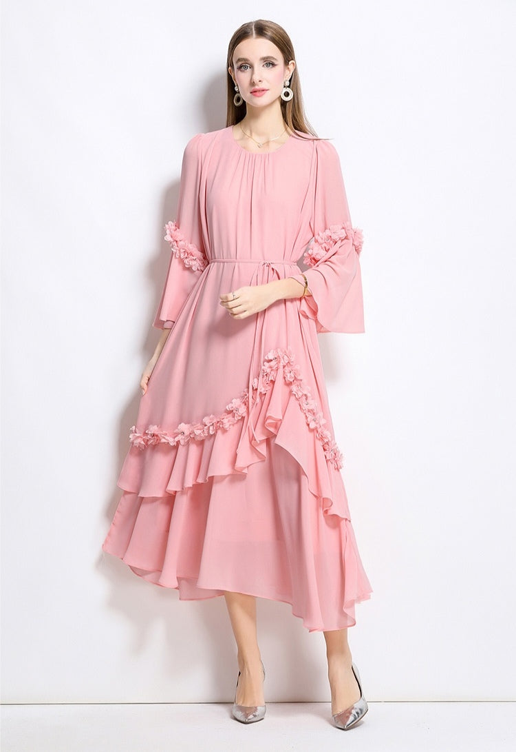 3D Floral Irregular Round Neck Loose Chiffon Long Dress