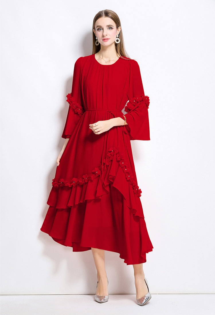 3D Floral Irregular Round Neck Loose Chiffon Long Dress