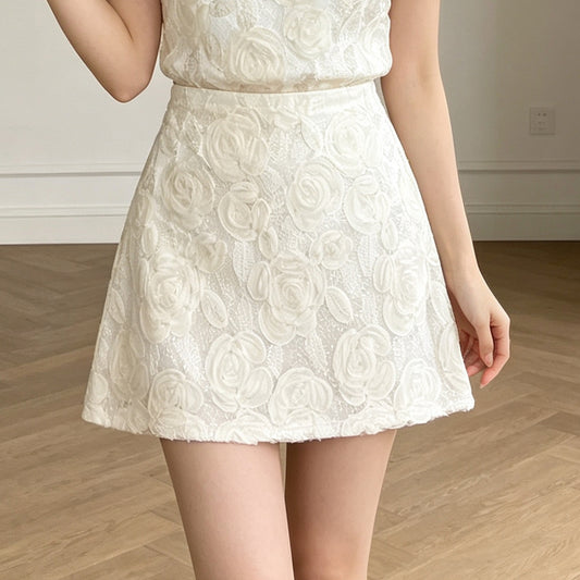 Floral Lace A-Line Mini Skirt With 3D Rose Pattern