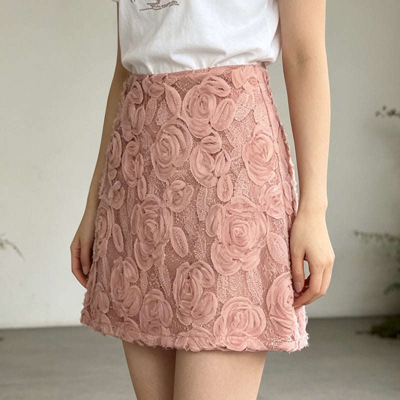 Floral Lace A-Line Mini Skirt With 3D Rose Pattern
