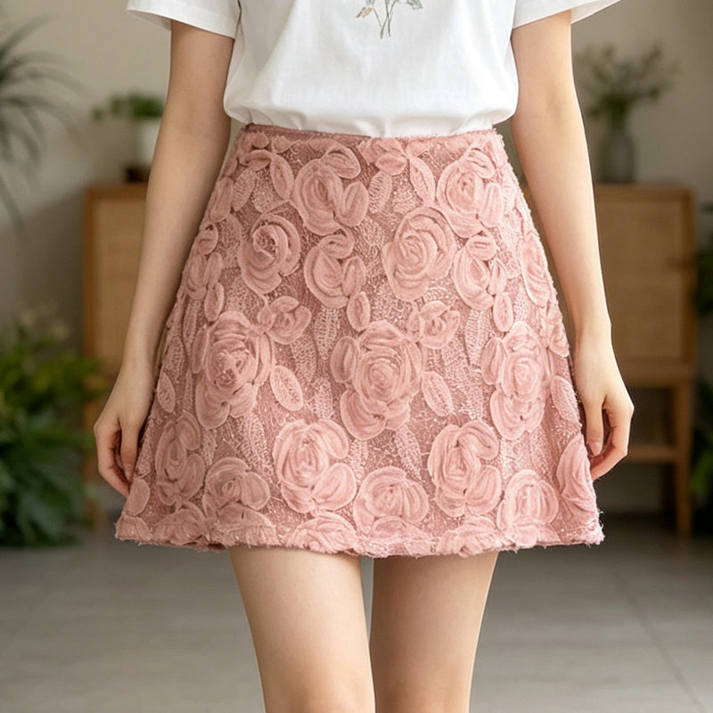Floral Lace A-Line Mini Skirt With 3D Rose Pattern