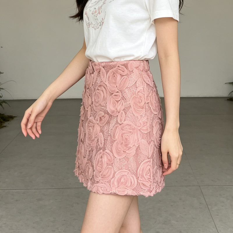 Floral Lace A-Line Mini Skirt With 3D Rose Pattern