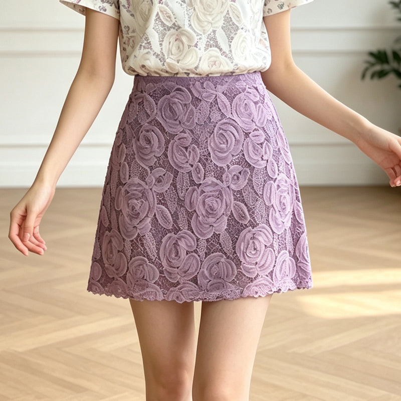 Floral Lace A-Line Mini Skirt With 3D Rose Pattern