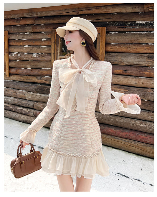 Vintage- Style Tweed Mini Dress With Bow Neckline And Chiffon Ruffle Trim