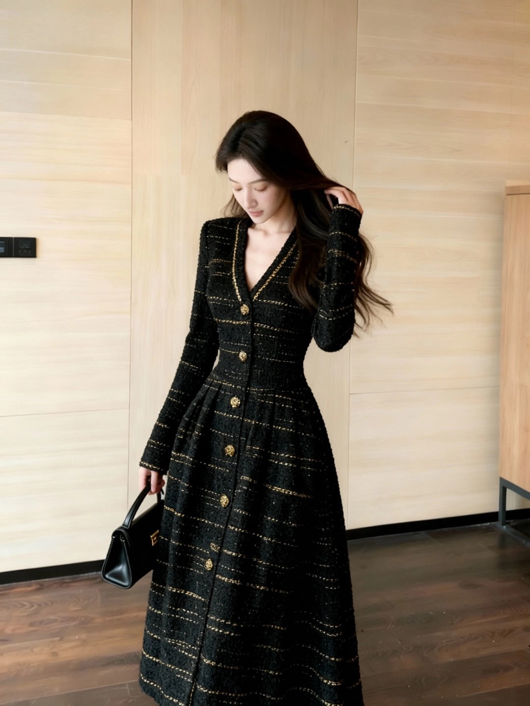 Elegant  Black Tweed Gold- Buttoned Midi Dress