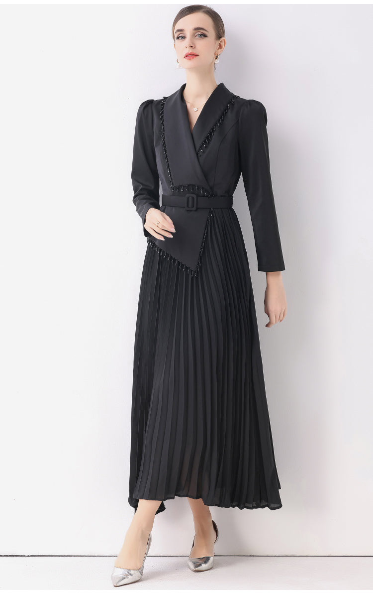 Black Floral Lace & Accordion Pleat Evening Dress