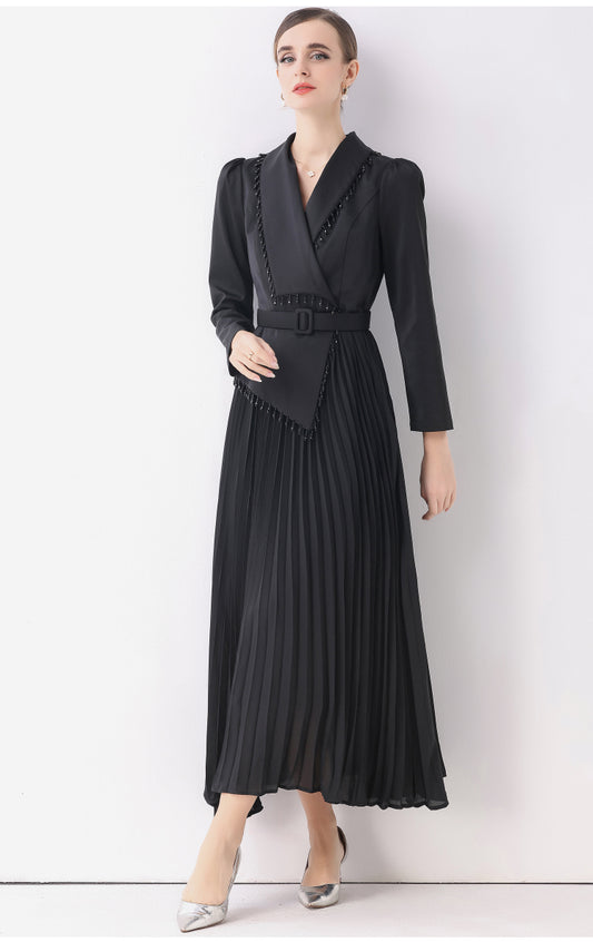 Black Floral Lace & Accordion Pleat Evening Dress
