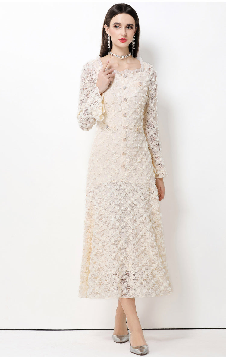 French-style light luxury-Inspired lace dress with heavy-duty 3D floral bell sleeves and a full skirt